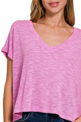 Zenana Hacci Slub V-neck Drop Shoulder Crop Top OutfitFlow